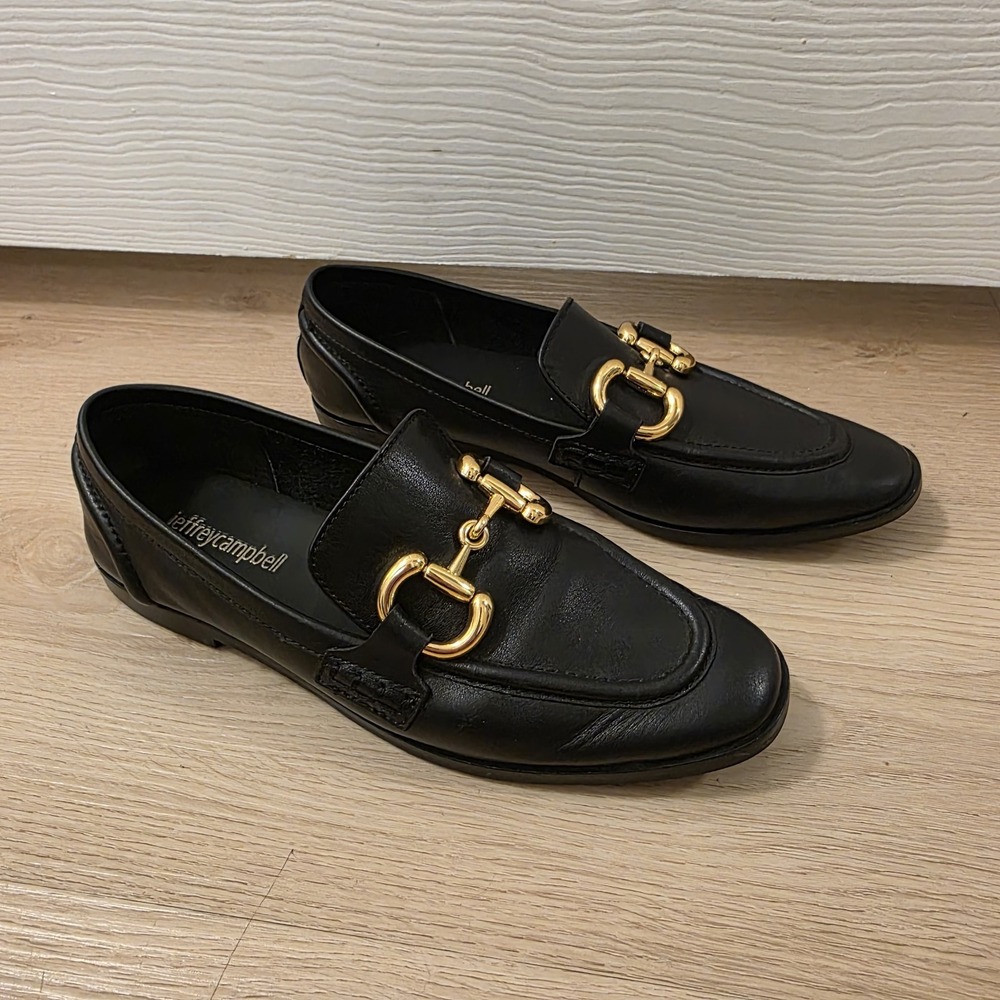 Jeffrey Campbell Black Leather Gold Detail Velviteen Preppy Sleek Loafers Sz 5.5
